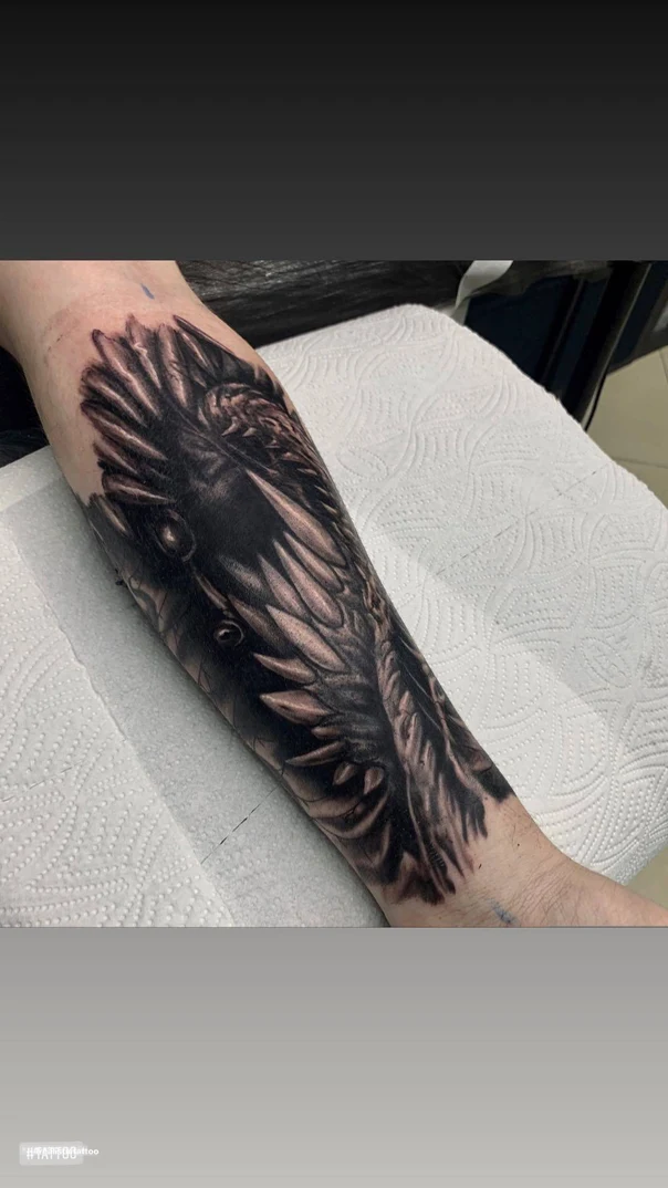 Black & Grey Raven, Wings tattoo on Forearm