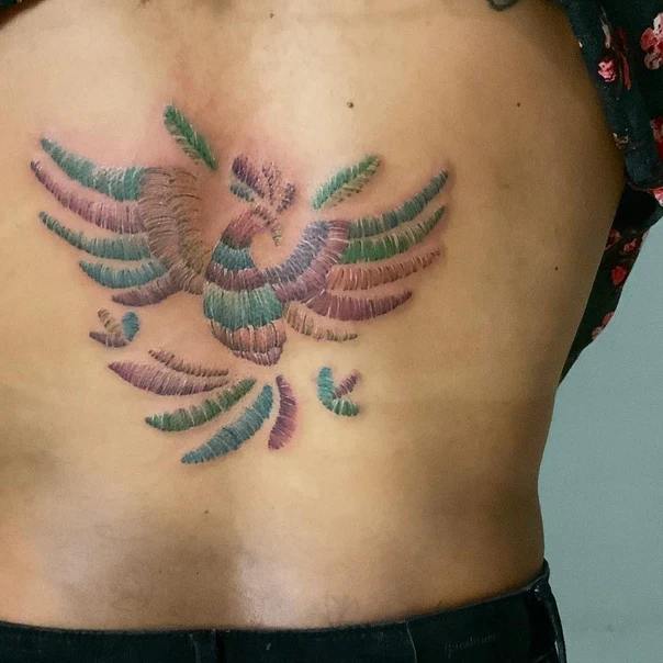 Illustrative Bird, Phoenix tattoo on Upper Back