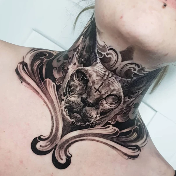 Black & Grey Cat, Ornamental tattoo on Neck