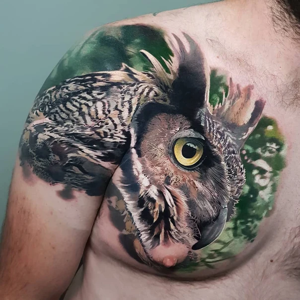 Realism Owl tattoo on Chest
