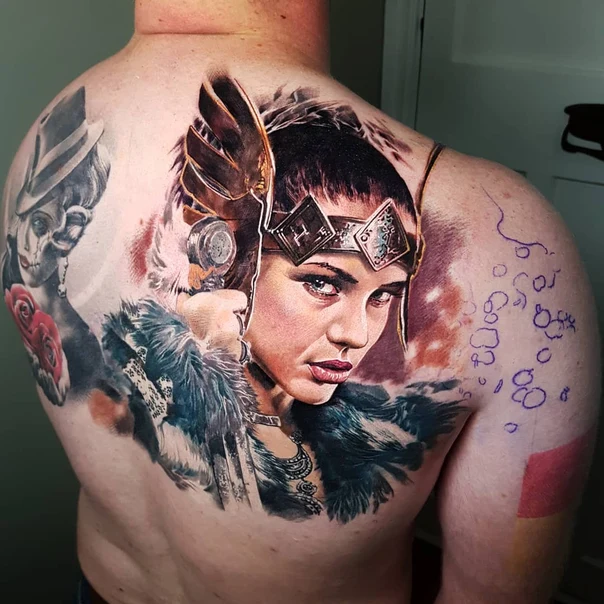 Realism Woman, Portrait tattoo on Upper Back