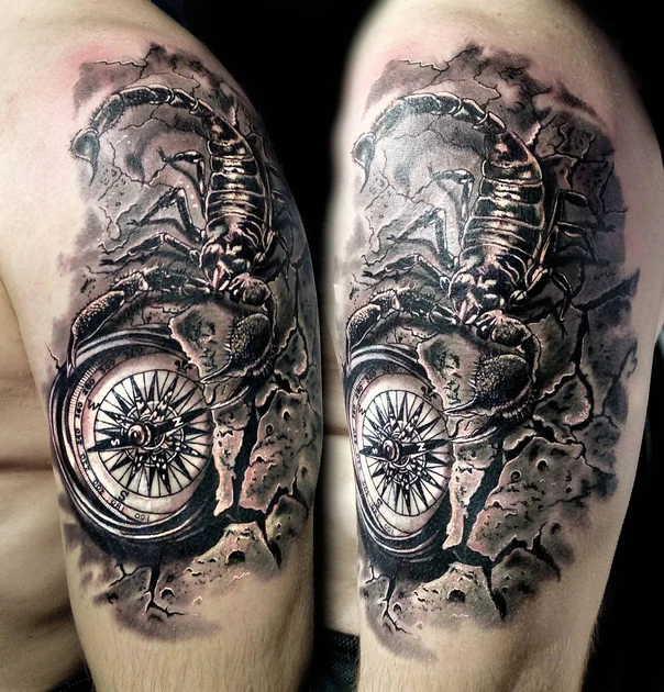 Black & Grey Scorpion, Compass tattoo on Bicep