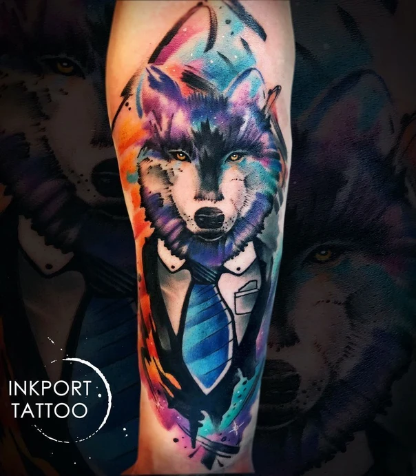 Watercolor Wolf, Animal tattoo on Forearm