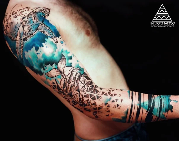 Watercolor Whale, Floral tattoo on Full Sleeve