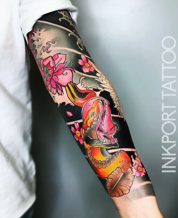 Japanese Snake, Flower tattoo on Full Sleeve