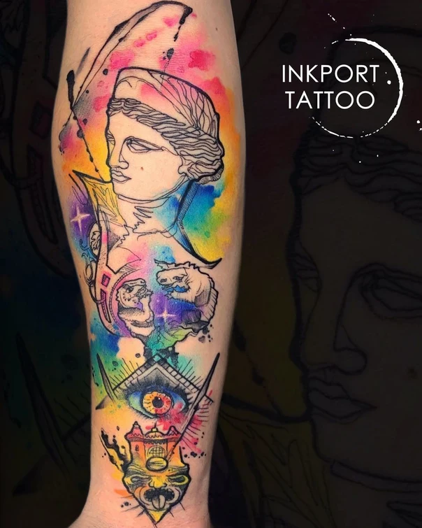 Watercolor Statue, Eye tattoo on Forearm