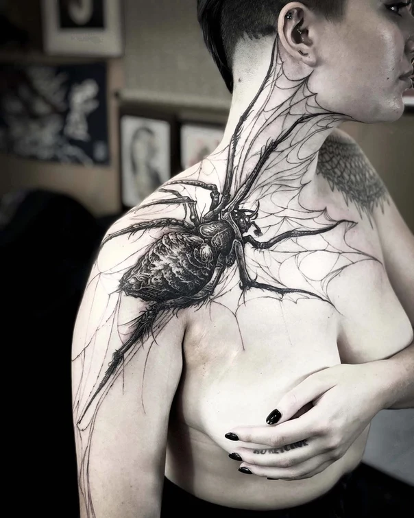 Blackwork Spider, Web tattoo on Chest