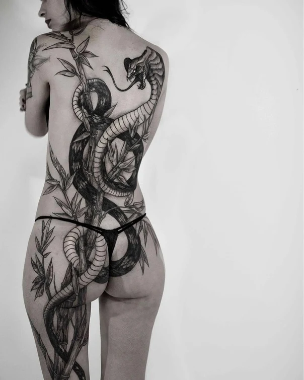 Blackwork Snake, Bamboo tattoo on Full Back