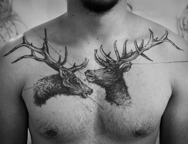 Blackwork Deer, Antlers tattoo on Chest