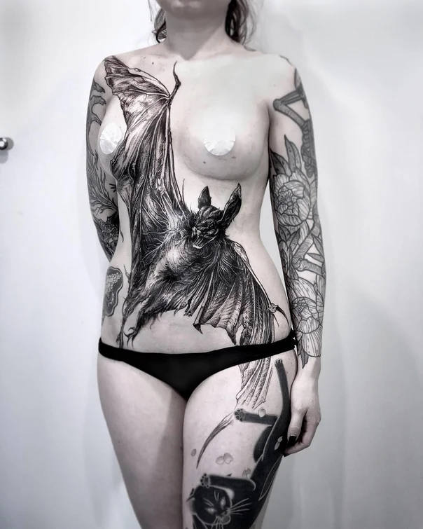 Blackwork Bat, Butterfly tattoo on Chest