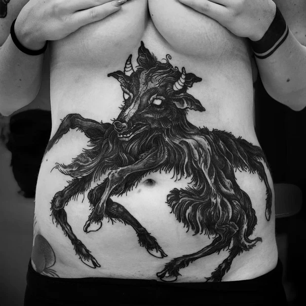 Blackwork Goat, Creature tattoo on Stomach