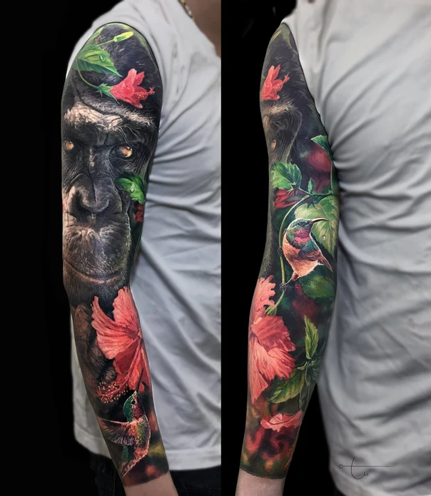 Realism Gorilla, Hummingbird tattoo on Full Sleeve