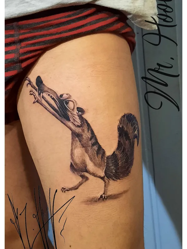 black and grey illustrative tatuaje en thigh #39420 | Tatuador Виктор Крюк