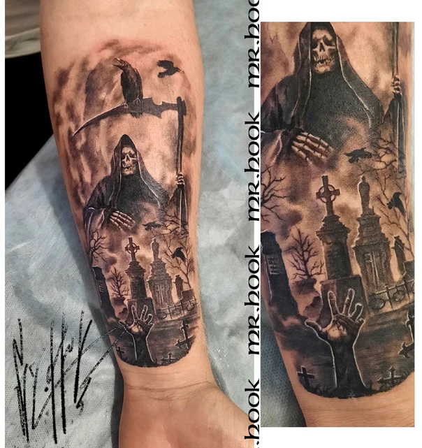 Чёрно-серая Grim reaper, Graveyard tattoo на Предплечье