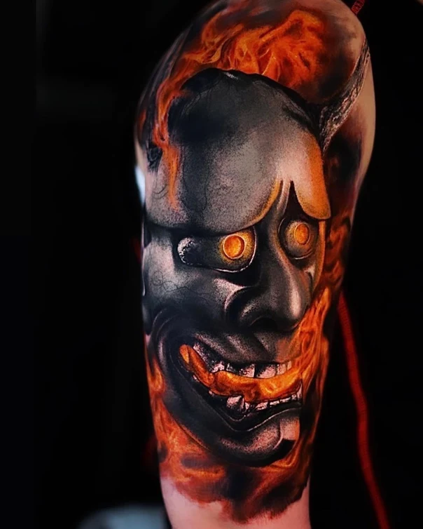 Realism Oni mask, Fire tattoo on Upper Arm