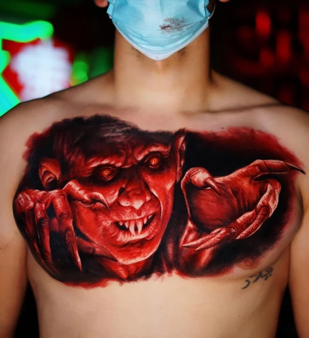 Realism Demon, Horror tattoo on Chest