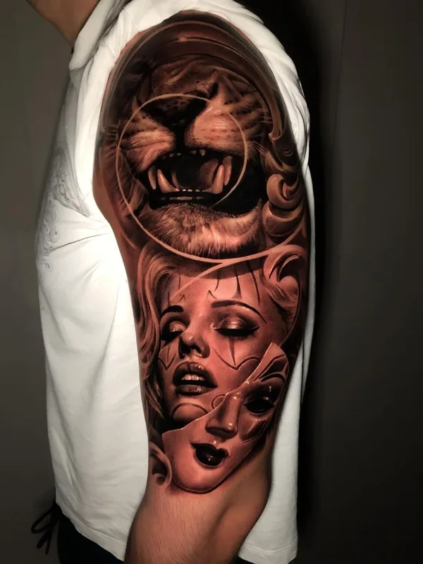 black and grey realism татуировка на full sleeve #39487 | Тату мастер Евгений Швырев