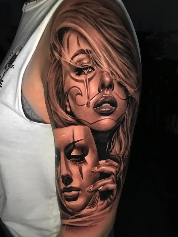 female black and grey realism татуировка на full sleeve #39468 | Тату мастер Евгений Швырев