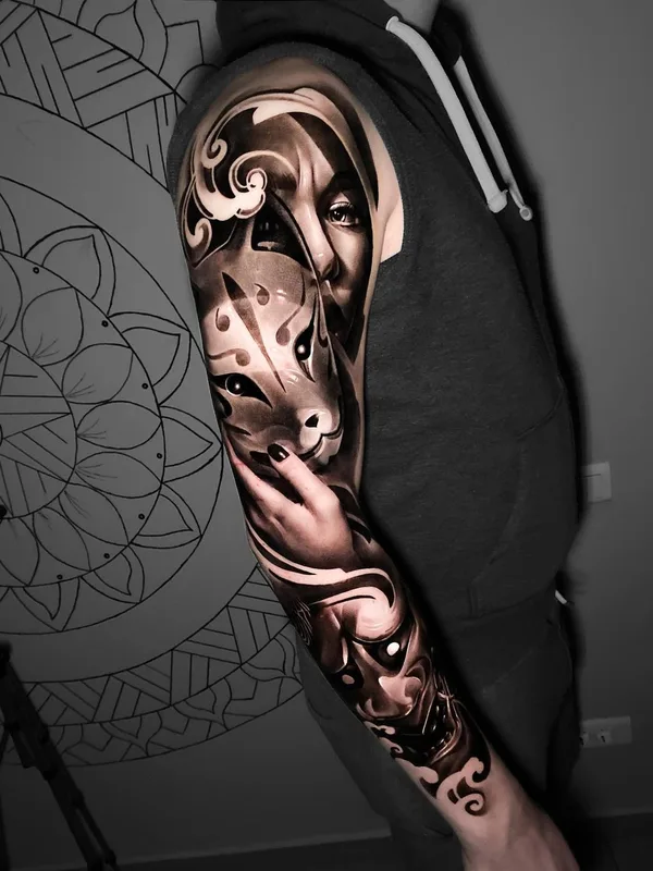 black and grey realism татуировка на full sleeve #39492 | Тату мастер Евгений Швырев