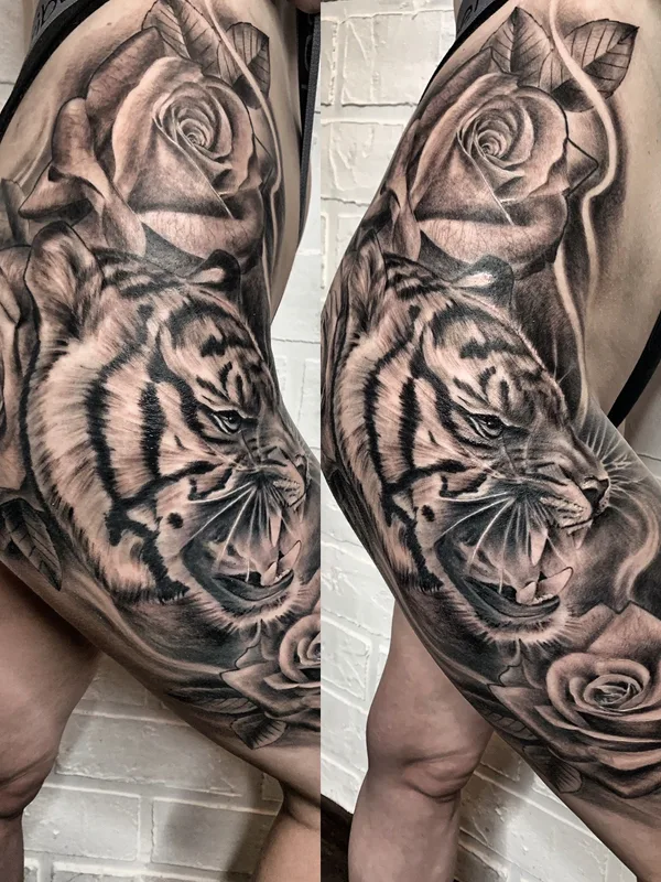 black and grey realism tatuaje en thigh #39579 | Tatuador Евгения Низамова tattoojeneva