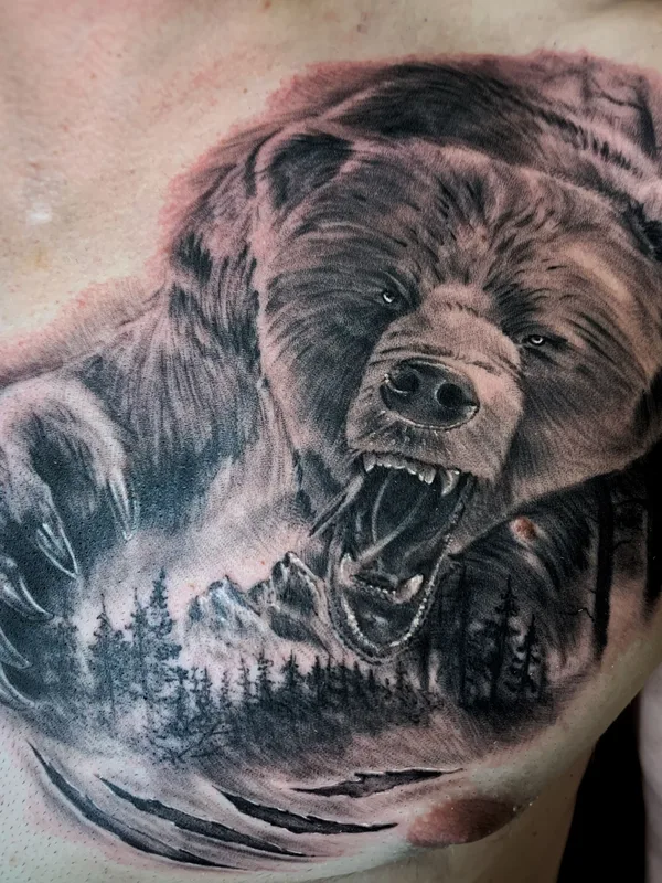 black and grey realism tatuaje en chest #39589 | Tatuador Евгения Низамова tattoojeneva