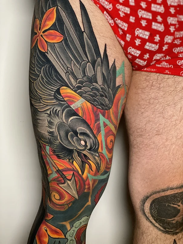 Японская Bird, Leaves tattoo на Thigh