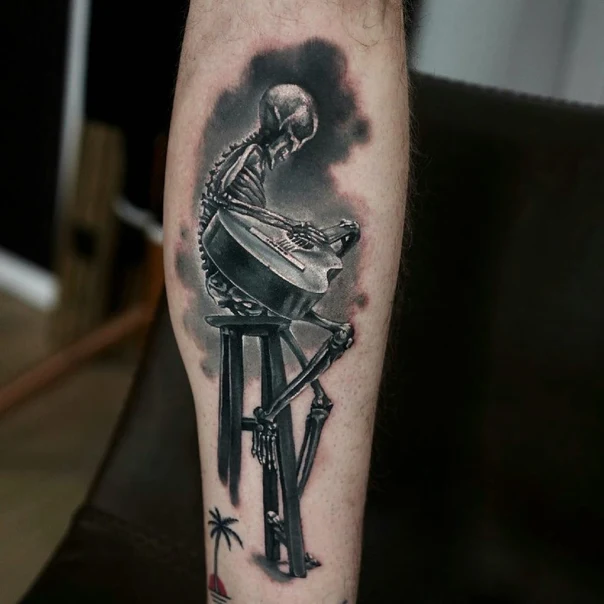 Black & Grey Skeleton, Guitar tattoo on Calf
