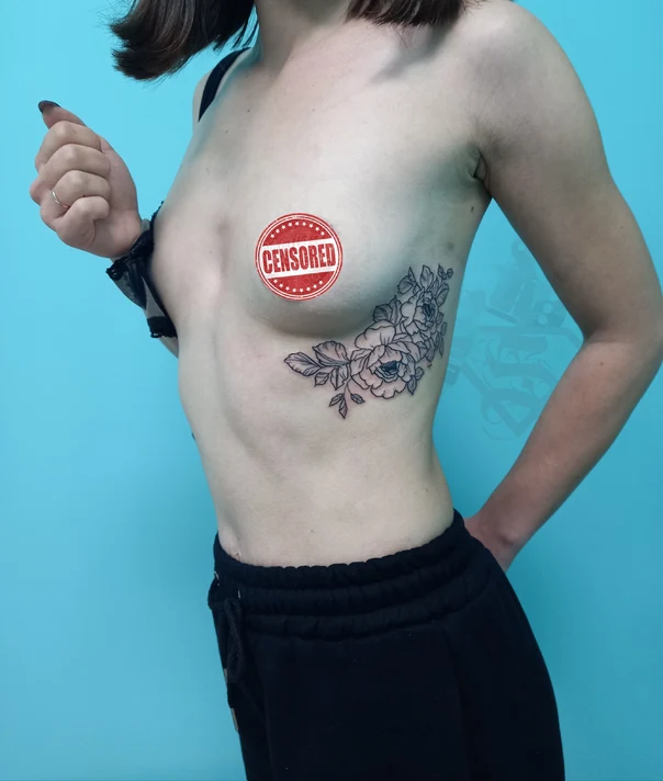 Файнлайн Flowers, Leaves tattoo на Ribcage