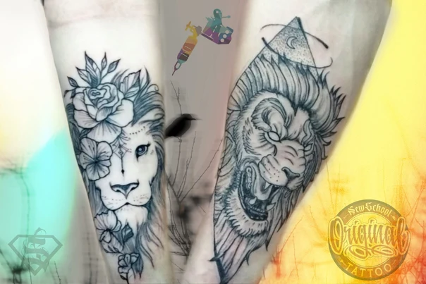 Нью-скул Lion, Flowers tattoo на Предплечье