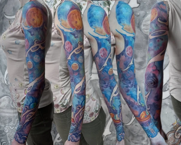 Акварель Planets, Space tattoo на Полный рукав