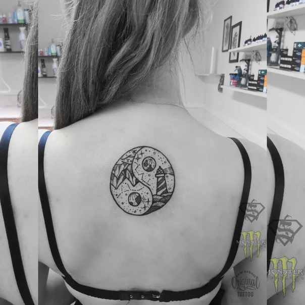 Лайнворк Yin yang, Lighthouse tattoo на Верхняя часть спины