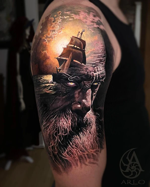 Realism Ship, Face tattoo on Upper Arm