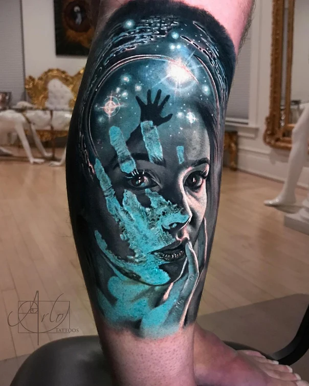 Realism Portrait, Hand tattoo on Calf