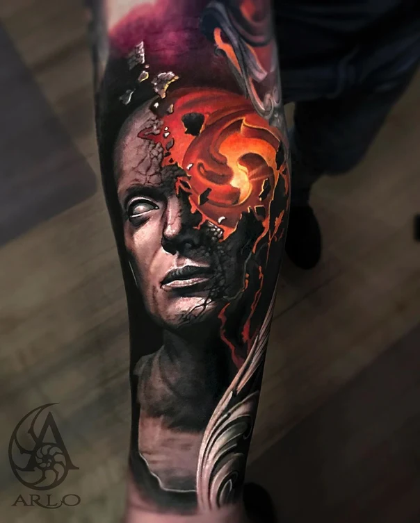 Realism Portrait, Fire tattoo on Forearm