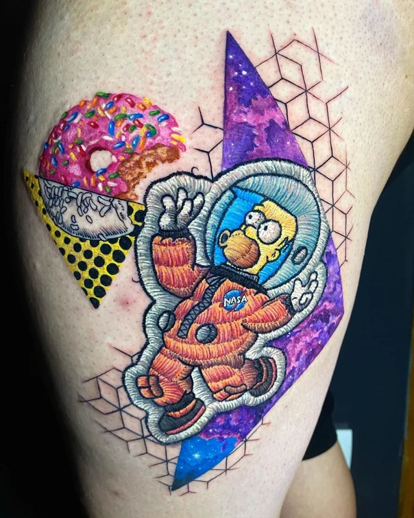 Cartoon Homer simpson, Donut tattoo on Thigh