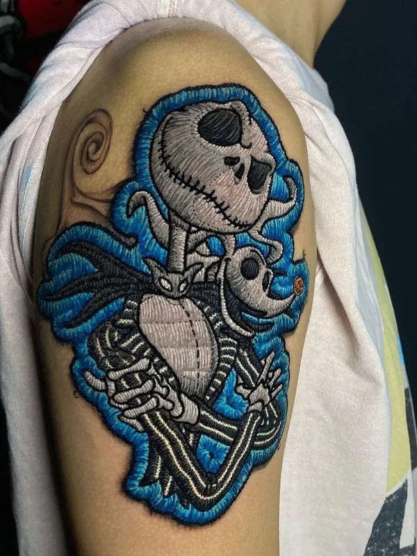 men, female color illustrative, patch Tatuaggio su shoulder #39781 | Tatuatore Duda Lozano