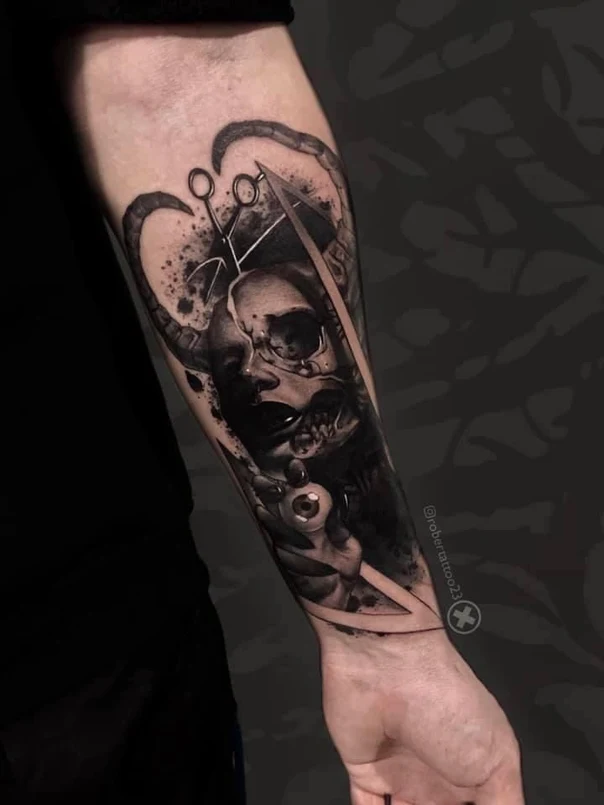 Black & Grey Skull, Horns tattoo on Forearm