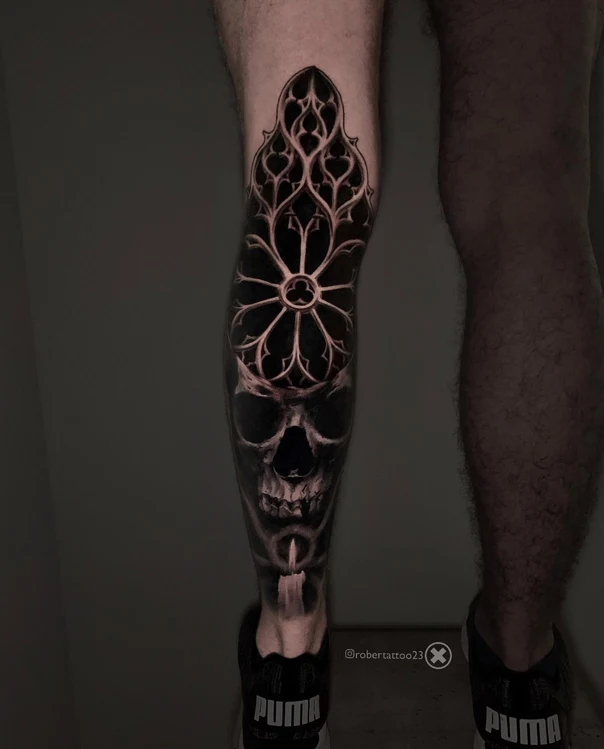 Blackwork Skull, Ornamental tattoo on Calf