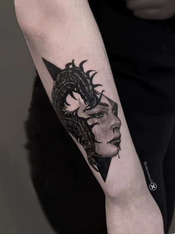 Blackwork Portrait, Dragon tattoo on Forearm