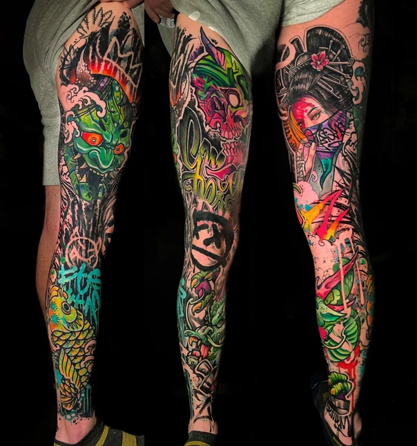 Japanese Geisha, Koi tattoo on Full leg