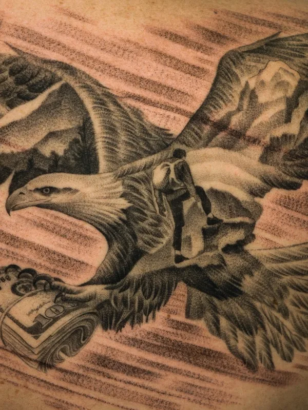 male black and grey realism tattoo on upper back #54146 | Tattoo Artist Олег Романов