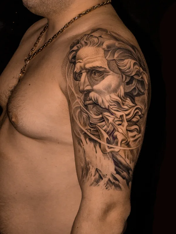 male black and grey realism tattoo on full sleeve #54148 | Tattoo Artist Олег Романов