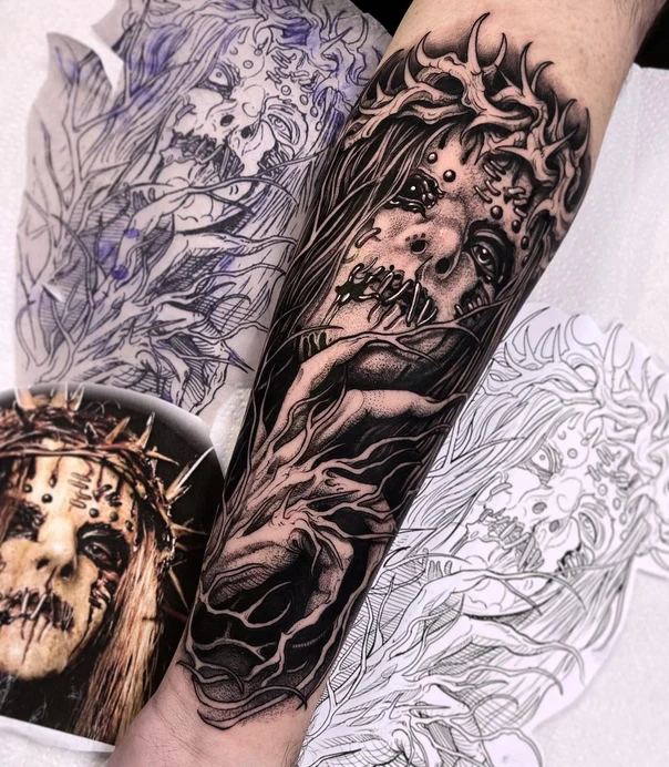Blackwork Face, Crown tattoo on Forearm