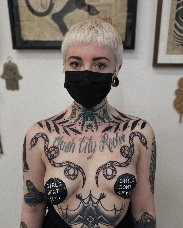 Blackwork Snake, Lettering tattoo on Chest