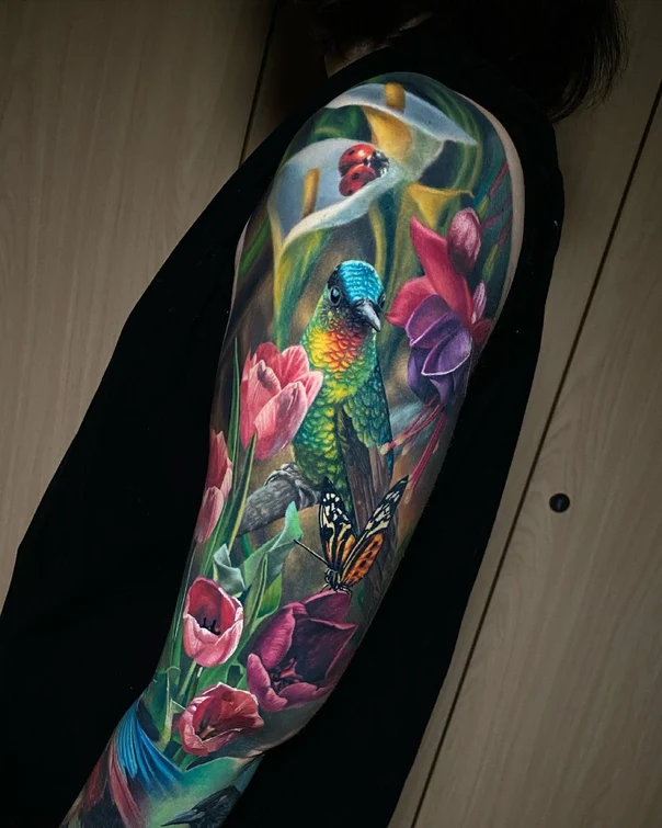 Realism Bird, Flowers tattoo on Full Sleeve
