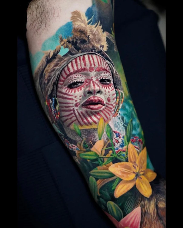 Realism Portrait, Floral tattoo on Full Sleeve