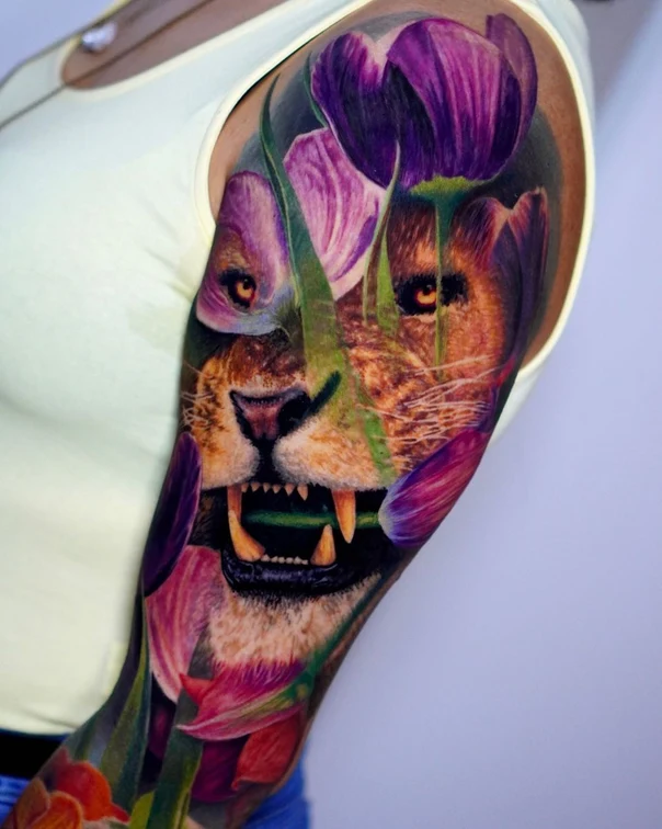 Realism Lion, Tulips tattoo on Full Sleeve
