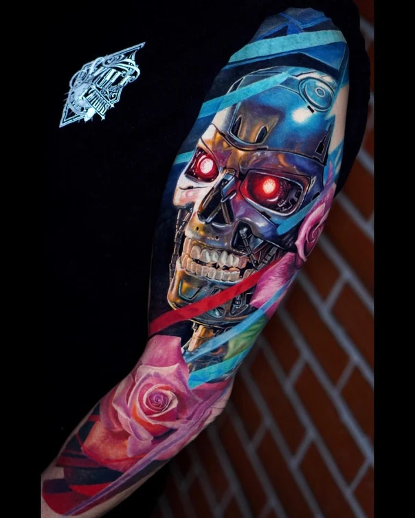 Realism Skull, Rose tattoo on Full Sleeve