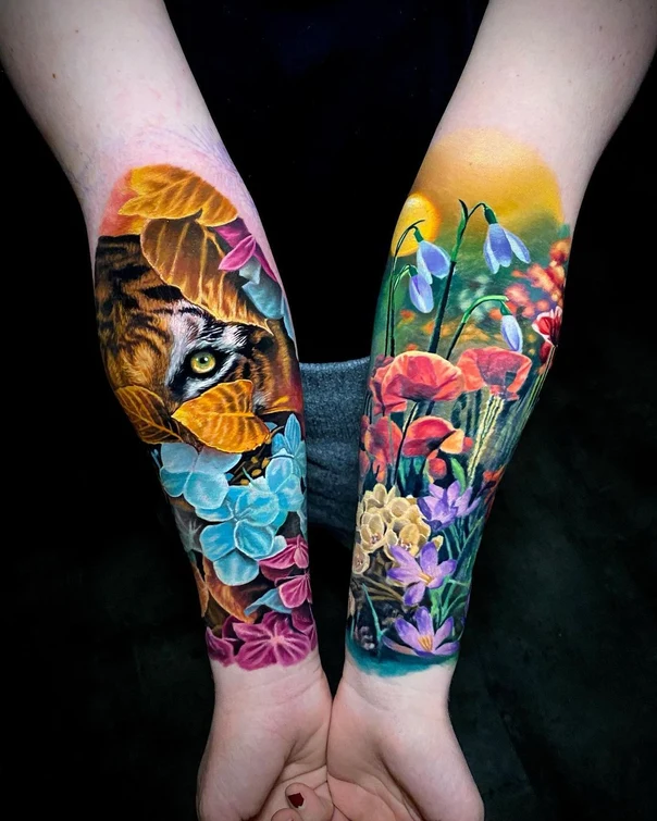 Realism Tiger, Flowers tattoo on Forearm