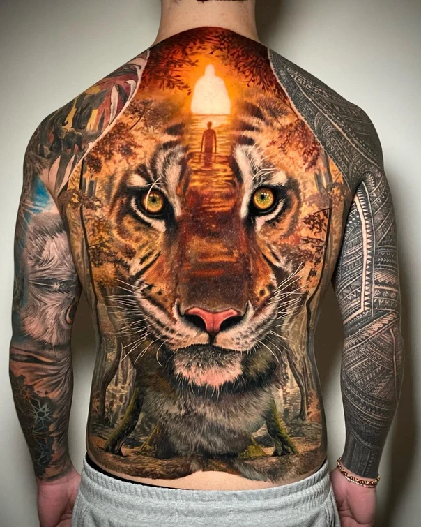 Realism Tiger, Landscape tattoo on Full Back